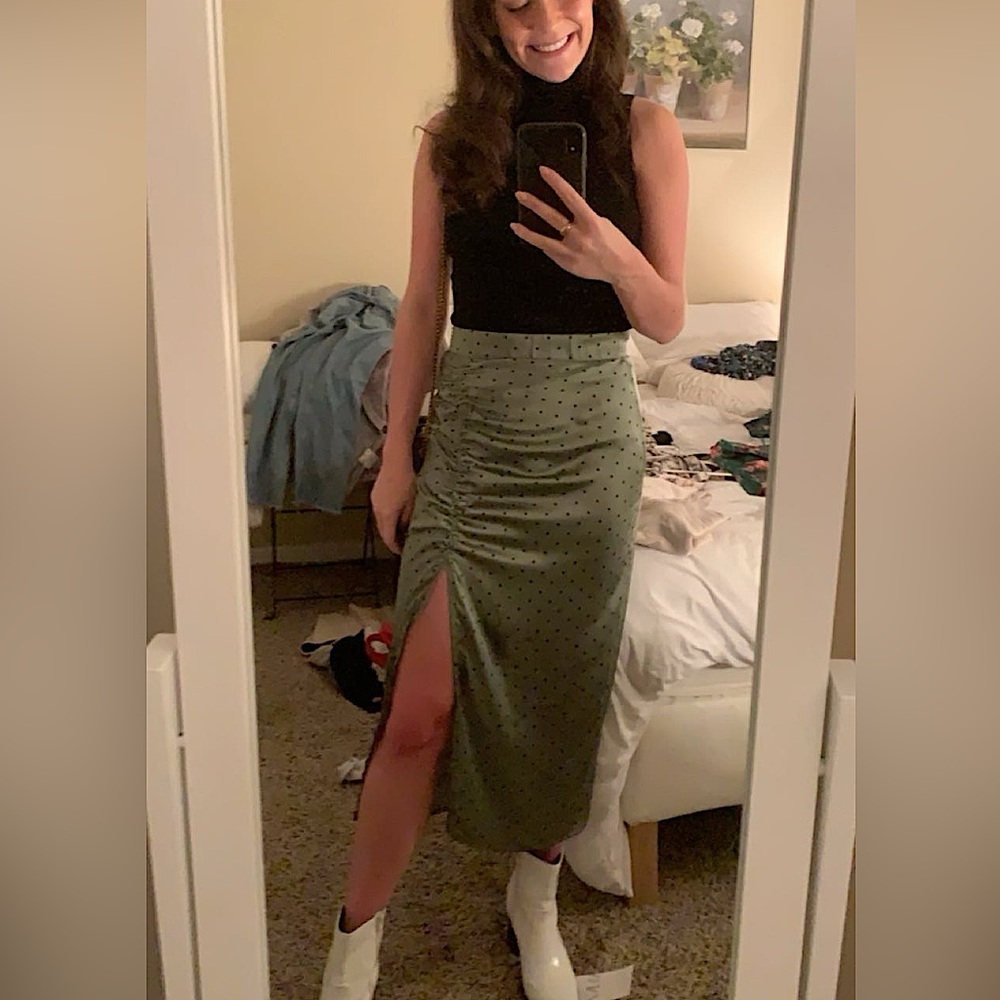 Zara green Polka dot ruched split satin skirt